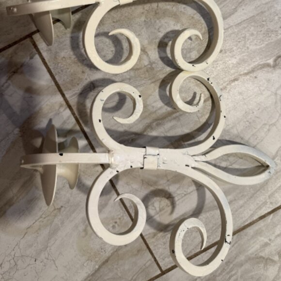 Vintage Iron Cast White Distressed Candleholders pair of two set cream tan wall - Picture 3 of 5